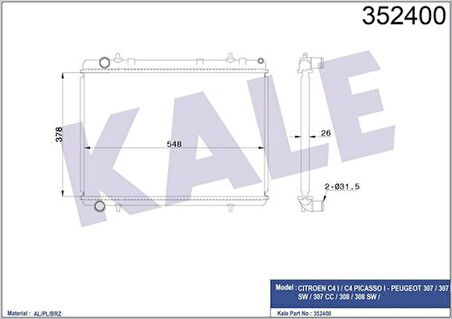 Kale 352400 Motor Radyatörü P307 C4 Manuel Ew10A 2.0 16V Ölçü 378x538x26 01 06 1330S5