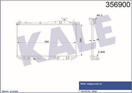 Kale 356900 Motor Su Radyatörü Honda Civic VTEC 2001 2006 Otomatik Vites 350x658x16 19010PLMA51