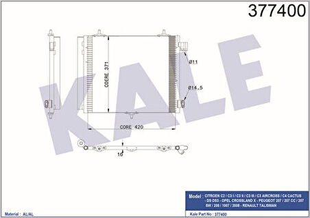 Kale 358440 Klima Radyatörü C2 C3 C3 II C3 Pluriel C3 III DS3 208 207 P1007 2008 Ölçü 420x374x16 3584.40