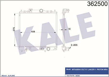 Kale 362500 Motor Su Radyatörü Mitsubishi Colt Lancer 1990 1995 Manuel Vites 375x408x16 MB660596