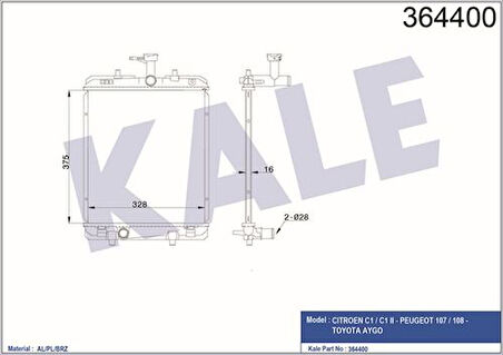 Kale 364400 Motor Radyatörü P107 C1 Aygo K4R1.0 Manuel Ölçü 375x328x16 1330.P4