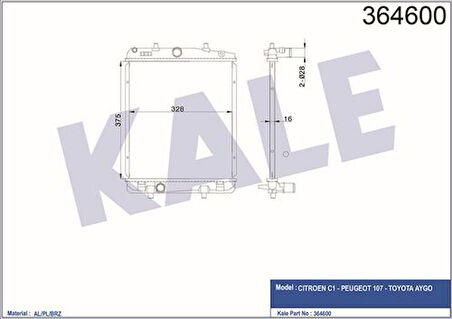 Kale 364600 Motor Radyatörü P107 C1 DV4TD 1.4HDI 8V Toyota Aygo D4D Manuel Ölçü 375x328x16 1330.P2