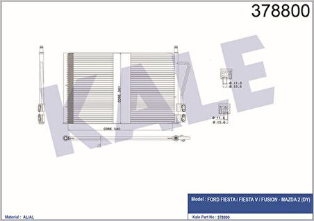 Kale 378800 Klima Radyatörü Kondanser Fiesta Fusion 1.25 1.4 1.6 1.4TDCI 02 08 Mazda 2 125 1.3 5S6H19710BB