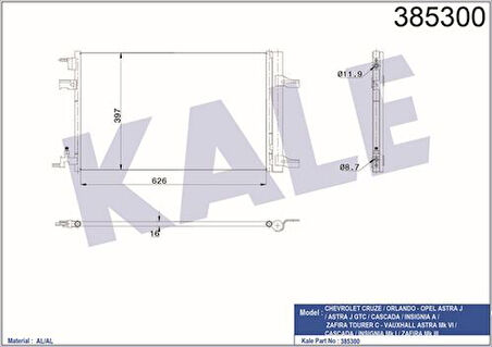 Kale 385300 Klima Radyatörü Astra J Insignia Zafira C Cruze 1.4 1.6 1.7 2.1 1850220