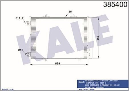 Kale 385400 Klima Radyatörü Kondanser 207 P1007 C2 C3 C3 II 1.6 HDI 05-10 Ölçü 538x368x16 96508940