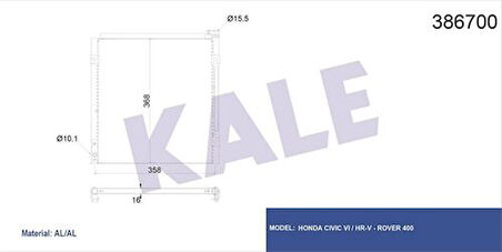 Kale 386700 Klima Radyatörü Honda Civic 1996 2001 HRV 1996 2000 Rover 399 80110S2H003