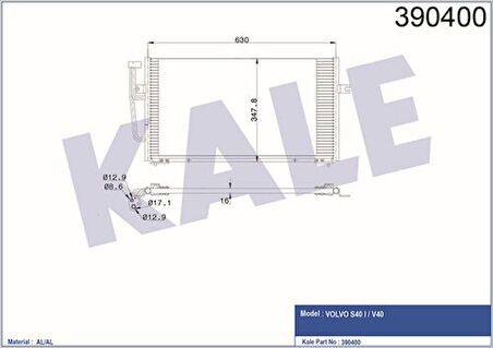Kale 390400 Klima Kondenseri Volvo S40 I-V40 Al-Al 628X348X16 30871579