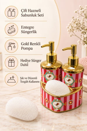 HANZADE Love Birds Kuş Motifli Porselen Çift Hazneli Sıvı Sabunluk ve Süngerlik Seti – Gold Pompalı, Sünger Hediyeli, 2 × 300 ml