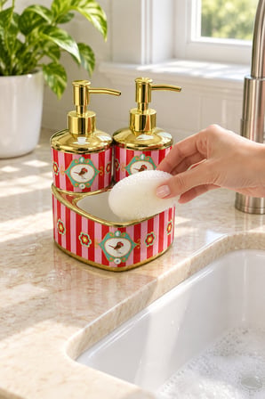 HANZADE Love Birds Kuş Motifli Porselen Çift Hazneli Sıvı Sabunluk ve Süngerlik Seti – Gold Pompalı, Sünger Hediyeli, 2 × 300 ml