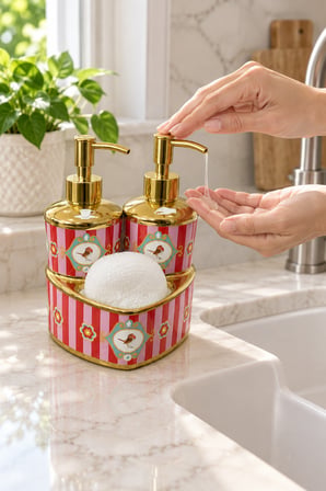HANZADE Love Birds Kuş Motifli Porselen Çift Hazneli Sıvı Sabunluk ve Süngerlik Seti – Gold Pompalı, Sünger Hediyeli, 2 × 300 ml