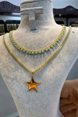 İkili Mavi ve Yıldızlı Kolye 45 cm