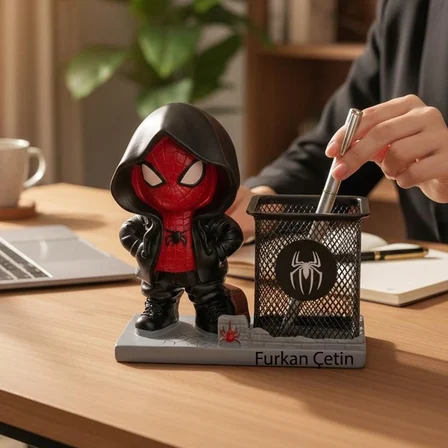 Kişiye Özel Siyah Örümcek Adam Temalı Kalemlik ve Masaüstü Organizer Dekoratif Kalemlik 🕷️📚