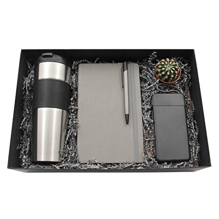 Modern Gri Dörtlü Vip Hediye Seti / Ajanda, Kalem, Termos ve Powerbank