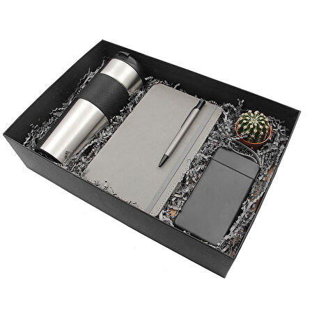 Modern Gri Dörtlü Vip Hediye Seti / Ajanda, Kalem, Termos ve Powerbank