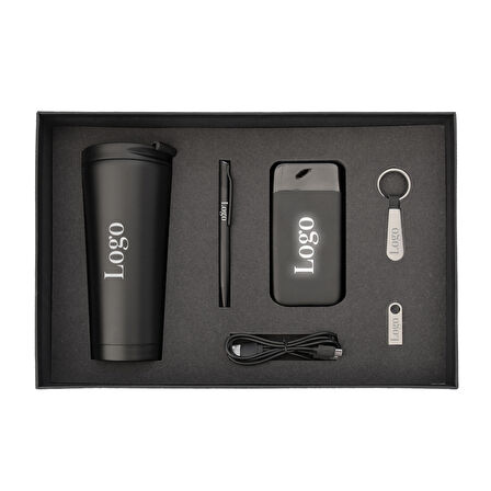 Vip Siyah Hediye Seti / Termos, Kalem, Powerbank, Anahtarlık ve Usb Bellek