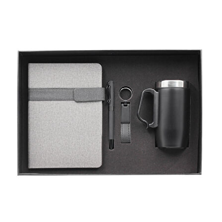 VIP Siyah Dörtlü Hediye Set / Defter, Kalem, Anahtarlık ve Termos