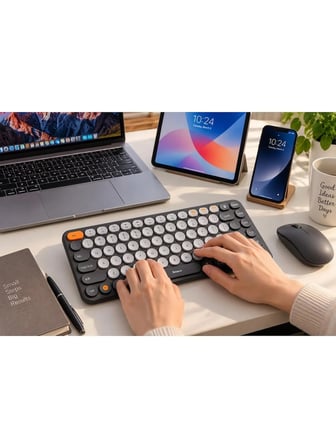 Baseus Bluetooth 5.0 Kablosuz Klavye 2.4 GHz USB Alıcılı Çoklu Bağlantı İngilizce Q Ergonomik Mini Klavye