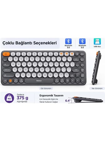 Baseus Bluetooth 5.0 Kablosuz Klavye 2.4 GHz USB Alıcılı Çoklu Bağlantı İngilizce Q Ergonomik Mini Klavye