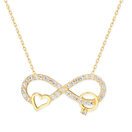 Altın Tektaş Ve Kalp Detaylı Sonsuzluk Kolye (KLY0011)