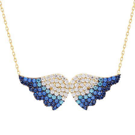 Mavi Taşlı Melek Kanadı Altın Kolye (KLY0018)