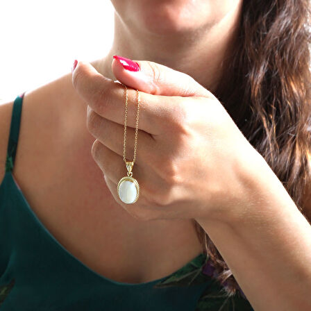 2.7 Cm Oval Ay Taşı Altın Nostalji Kolye (KLY0132)