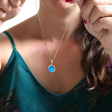 2.4 Cm Nostalji Altın Firuze Taşlı Kolye (KLY0135)