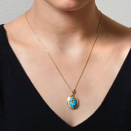 3.2 Cm Açık Mavi İran Firuzesi Altın Kolye (KLY0139)