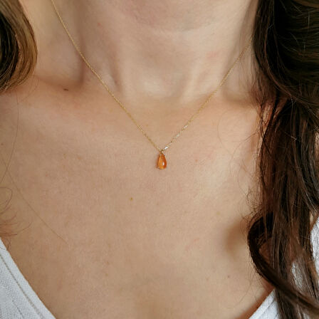 Turuncu Damla Taşlı Altın Minimal Kolye (KLY0317)