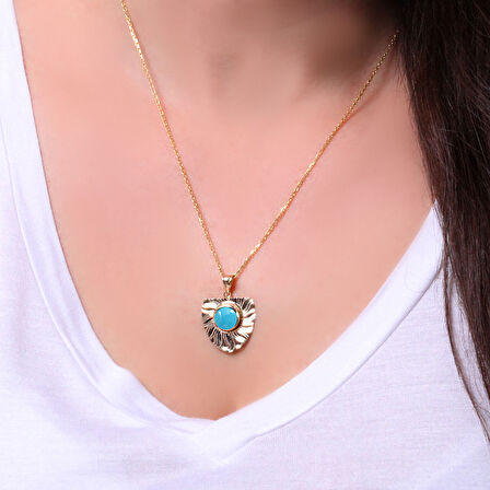 Altın Firuze Taşlı Yaprak Kolye (KLY0337)