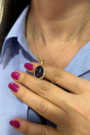 Ametist Taşlı Altın Nostalji Kolye (KLY0339)