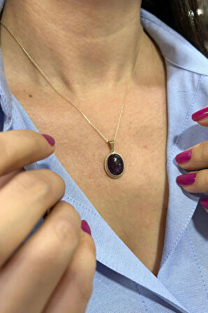 Ametist Taşlı Altın Nostalji Kolye (KLY0339)