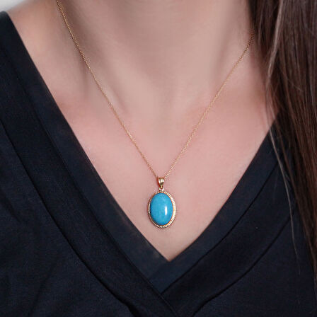 Büyük Boy Oval Firuze Taşlı Altın Kolye (KLY0342)