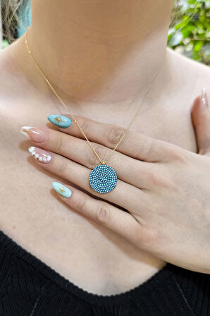 Altın Firuze Taşlı Spor Yuvarlak Kolye (KLY0405)