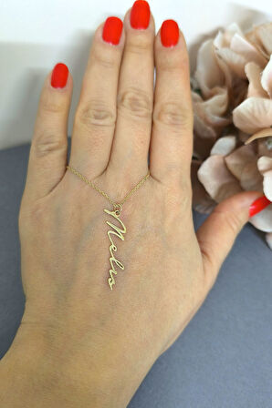 İmza İsim Dikey Yazılı Altın Kolye