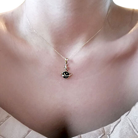 Siyah Mineli Altın Satrün Gezegen Kolye (KLY0620)