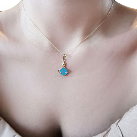 Mavi Mineli Altın Satrün Gezegen Kolye (KLY0622)