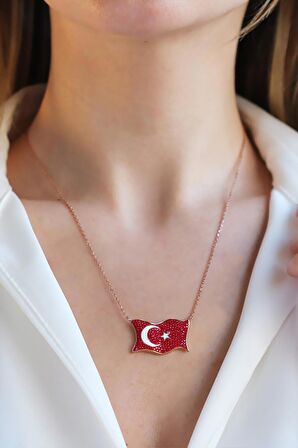 Türk Bayrağı Zirkon Taşlı Rose Gold Kaplama Gümüş Kolye