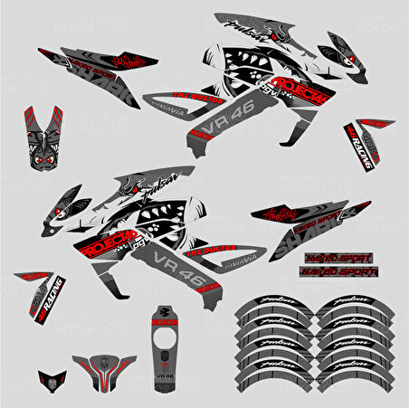 Bajaj Pulsar 200 NS Project 46 Rossi Shark Design Sticker Set Koyu Gri