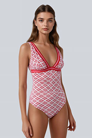 Kom Desenli  V Yaka Mayo Kırmızı