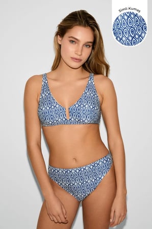Kom Benih Retro Desen Toparlayıcı Bikini Takımı Saks