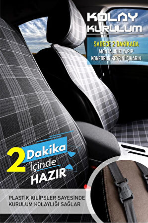 Dacia Duster 2010-2013 Uyumlu Lüx Oto Koltuk Minderi Ön 2'li Set Ekose Desenli Siyah