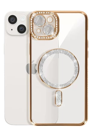 Newface Apple iPhone 14 Kılıf Joke Simli Magneticsafe Kılıf - Gold