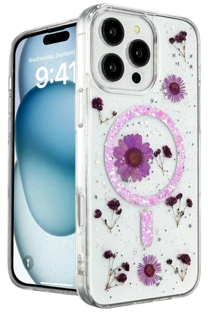 Newface Apple iPhone 16 Pro Kılıf Daisy Simli Magsafe Kapak - Mor