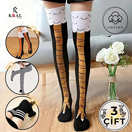 KRAL SOCKS Kadın Dizüstü Çorap (3 Çift) Günlük Düz Çizgili Pamuklu Diz Üstü Siyah Çorap Yeni Trend