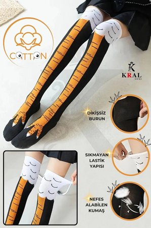 KRAL SOCKS Kadın Dizüstü Çorap (1 Çift) Günlük Düz Çizgili Pamuklu Diz Üstü Siyah Çorap Yeni Trend