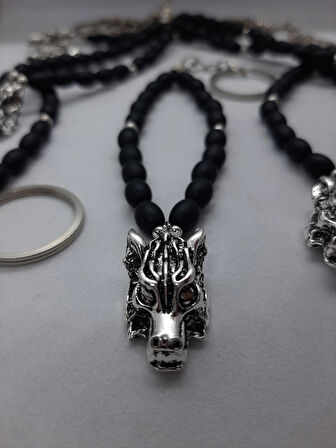 MRYart "Gümüş Renk Çelik Kurt Kafası Anahtarlık - Oniks Taşı Boncuklu"