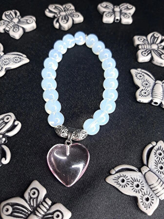 MRYart El Yapımı Opal Görünümlü Boncuklu Bileklik – Pembe Kalp Charm Detaylı