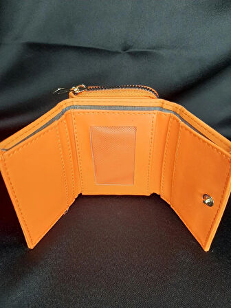 Turuncu Kadın Cüzdanı - Fermuarlı ve Düğmeli Kartlık Model