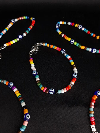 MRYart El Yapımı Renkli Cam Boncuklu Nazar Boncuklu Ayarlanabilir Halhal