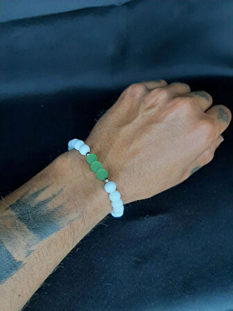 MRYart Beyaz Akik & Kar Tanesi Yeşim Taşı Doğal Taş Unisex Elastik Bileklik (8 mm)